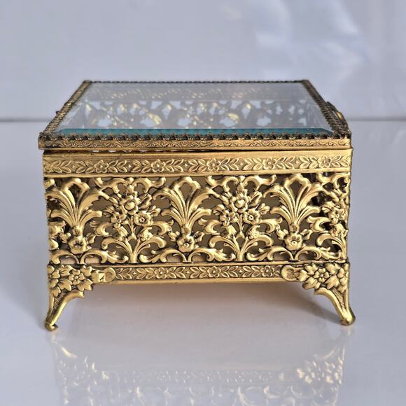 Vintage Ormolu Gold Filigree Jewelry Casket Beveled Glass Hollywood Regency - Picture 5 of 12